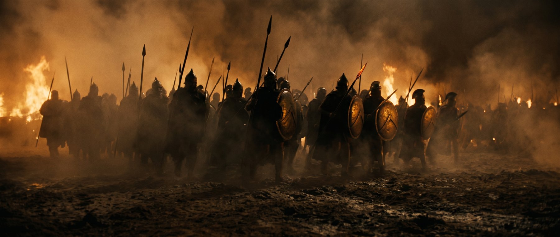 CGI battle keyframe — crowd and fire