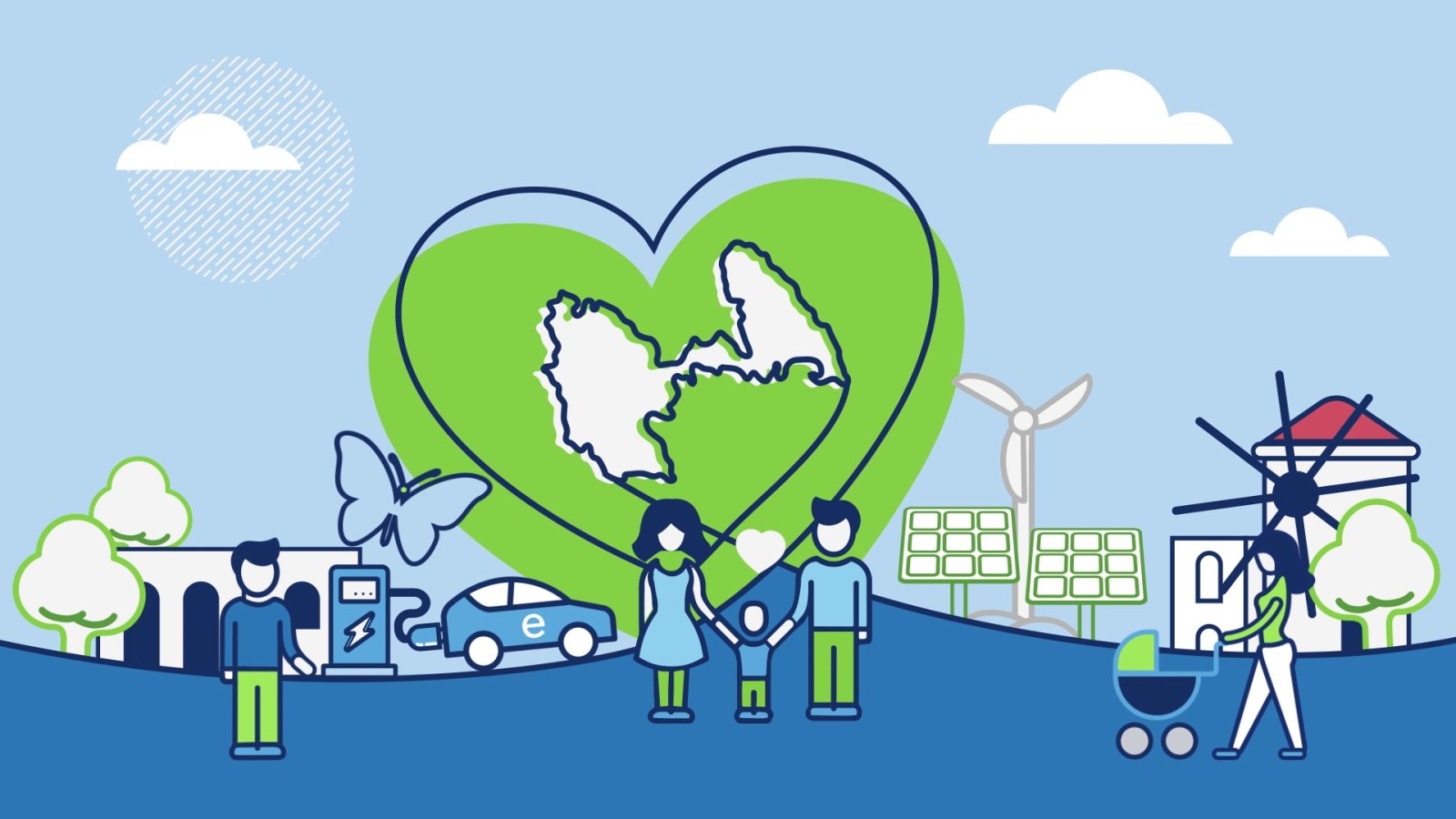 Sustainable island scene held inside a green heart