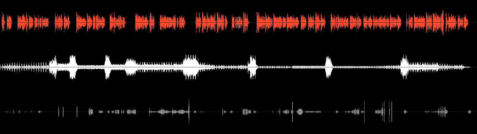 Three-lane waveform of the final mix: voice-over, music and sound effects