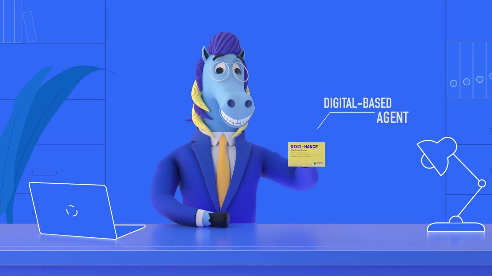Freddie the 3D horse presenting a DIGI-HANCE pack at a desk, with the callout 'digital-based agent'