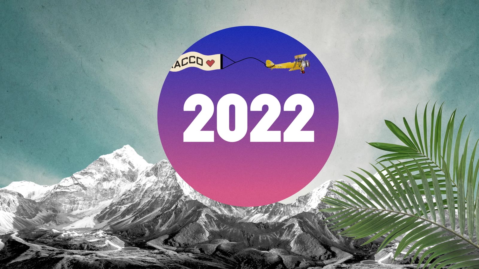 Retro collage: a biplane towing a Bracco banner over halftone mountains, with 2022 in a gradient circle