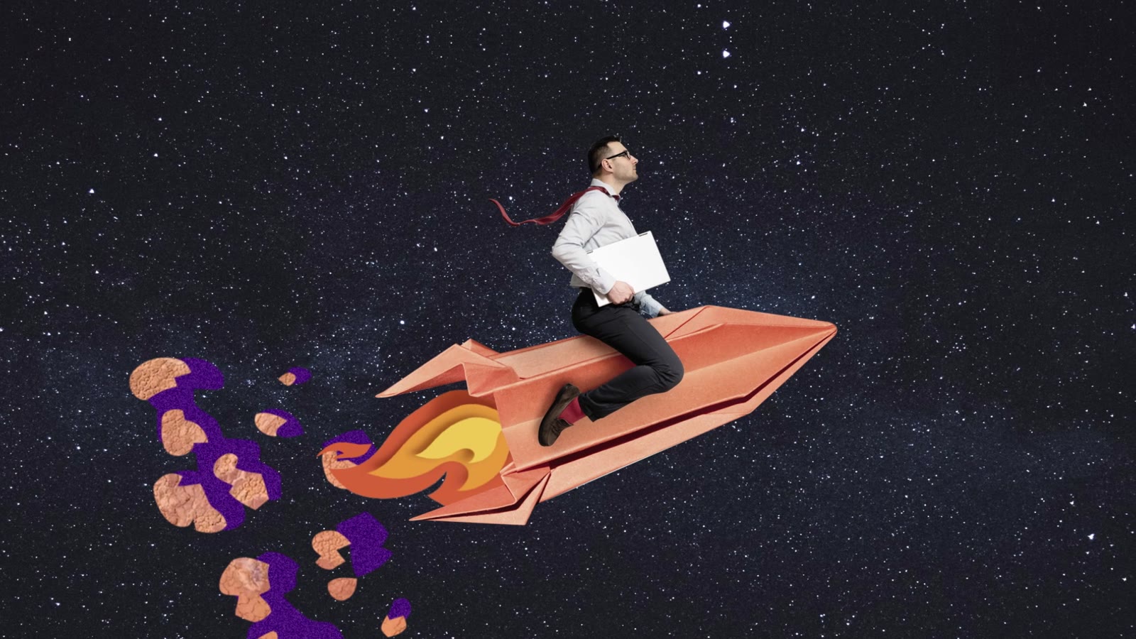 A businessman riding a paper rocket through a starfield