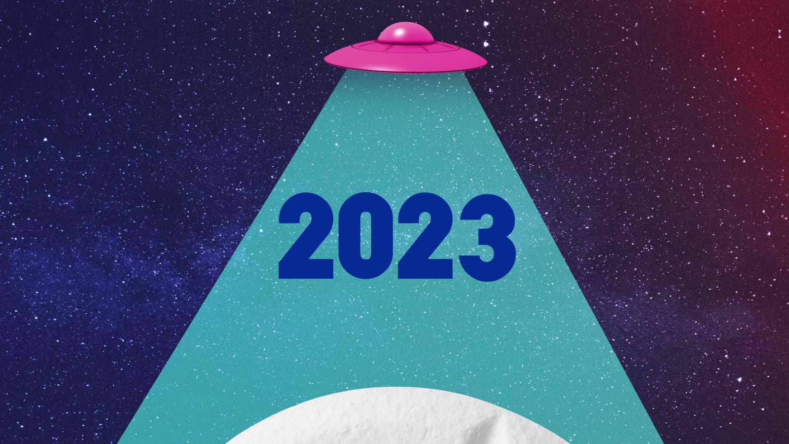 A pink UFO beaming down the year 2023 over a giant pill