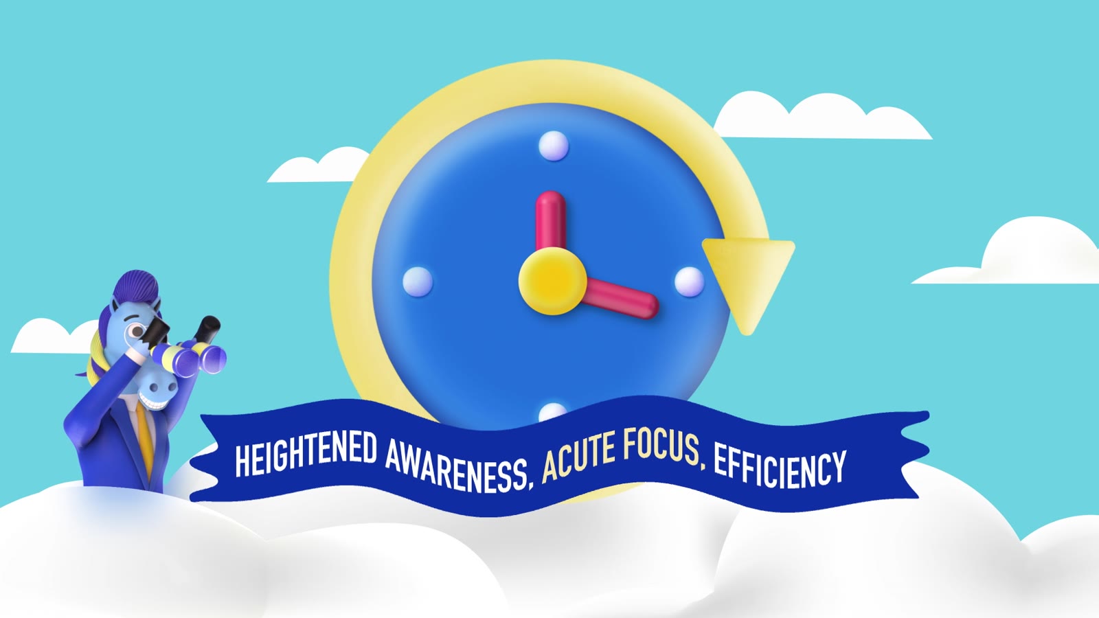 Freddie scanning the clouds with binoculars beside a giant 3D clock and a banner reading 'Heightened awareness, acute focus, efficiency'