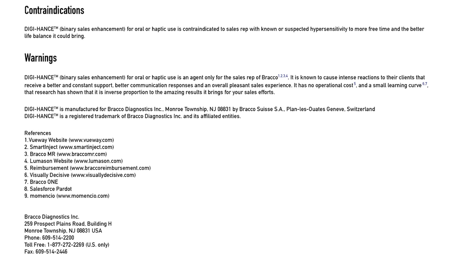A parody Important Safety Information page with Contraindications and Warnings for DIGI-HANCE