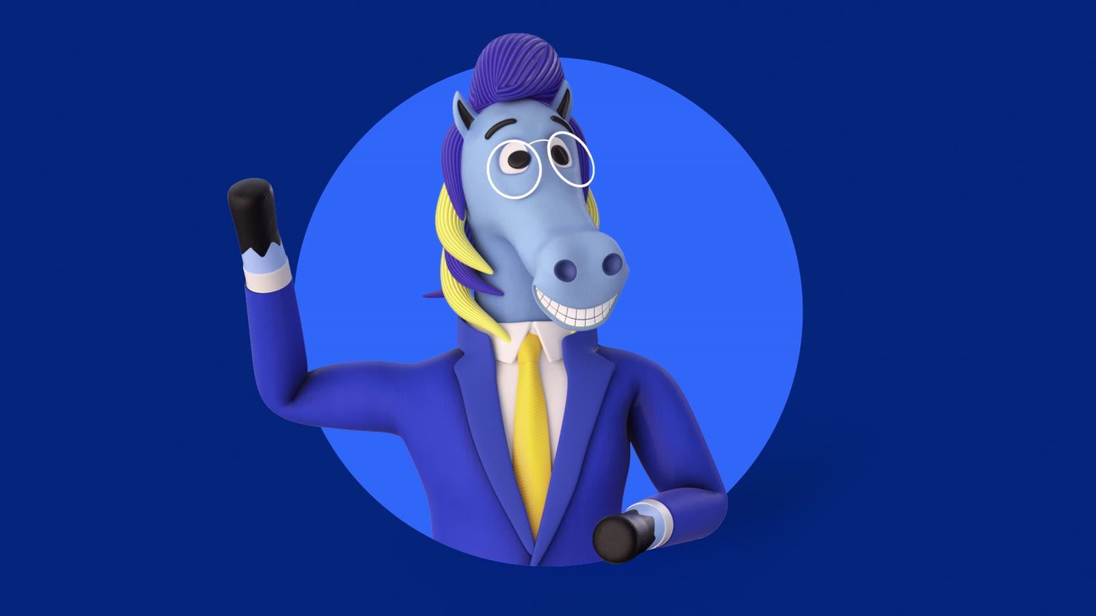 Freddie the horse waving goodbye inside a blue circle