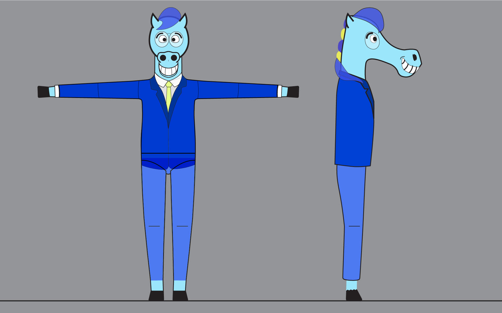 2D character concept turnaround of Freddie the horse — front and side views