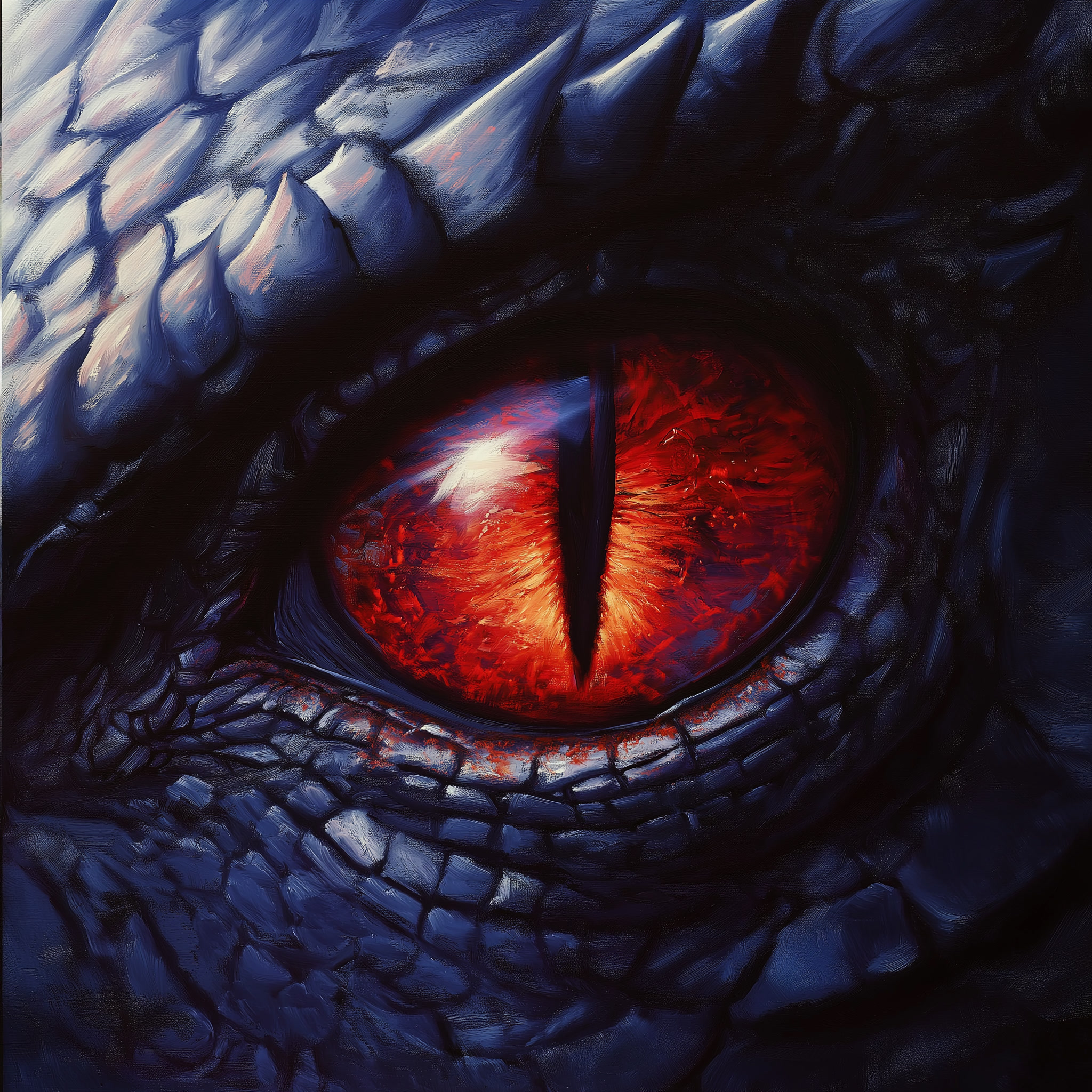AI concept sketch of the dragon eye — red slit iris in blue scales