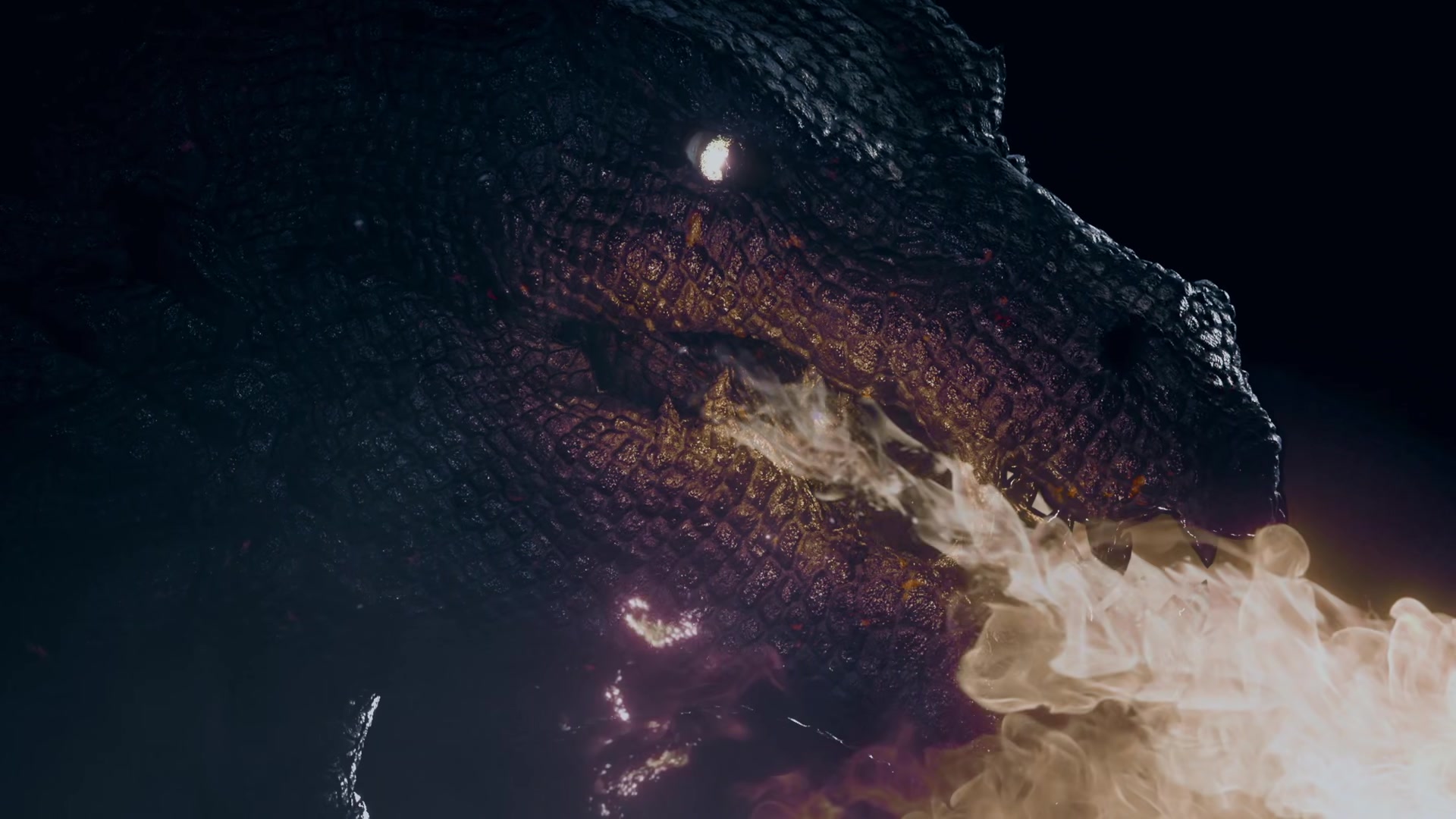 The textured dragon head exhaling smoke in the final comp