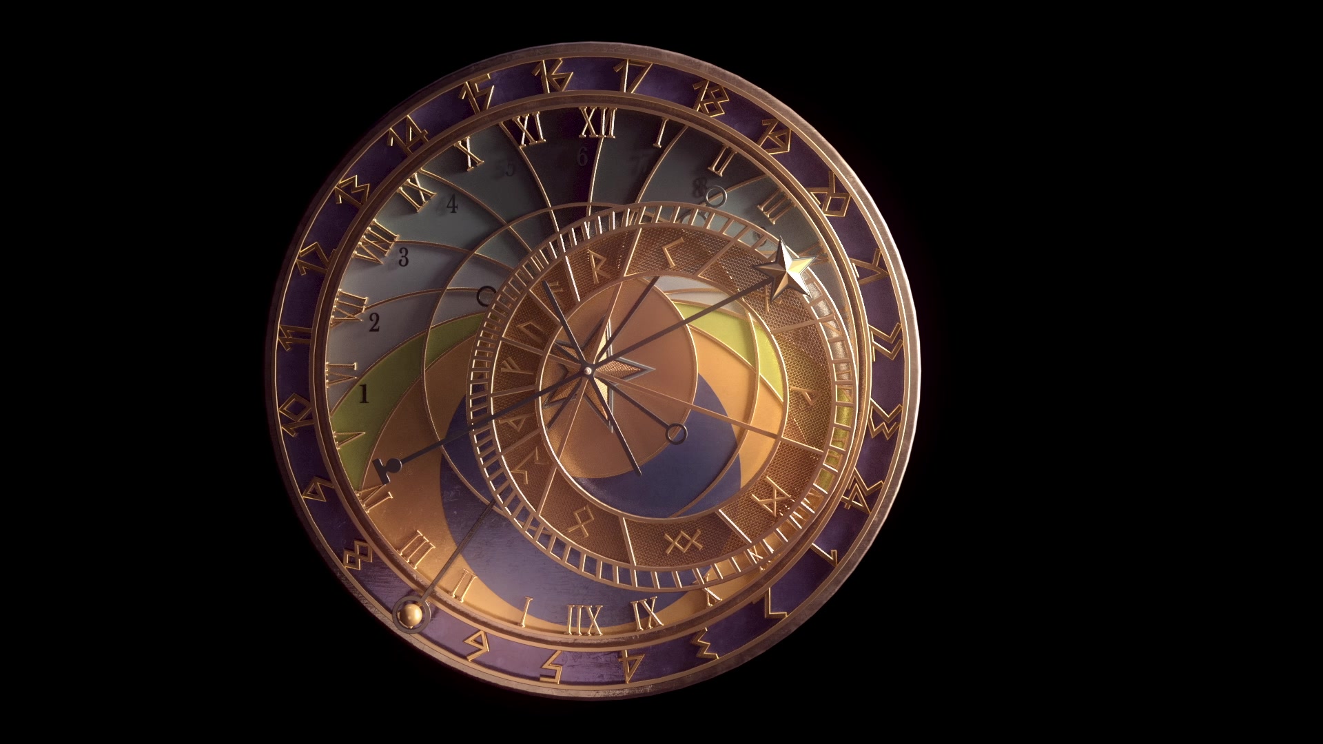 The astronomical clock dial — gold, runes, zodiac ring, roman numerals and a star-tipped hand