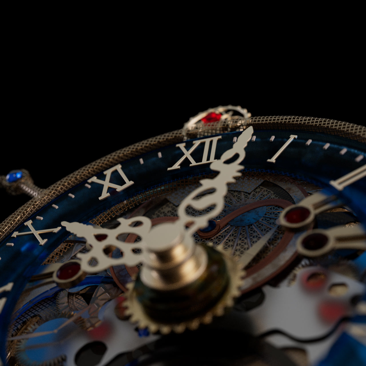 Macro render of the clock mechanism — blue enamel, gears, jewels and ornate hands