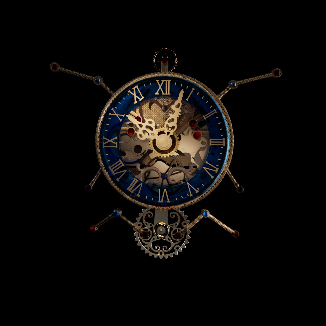 Detail render of the ornate skeleton clock study