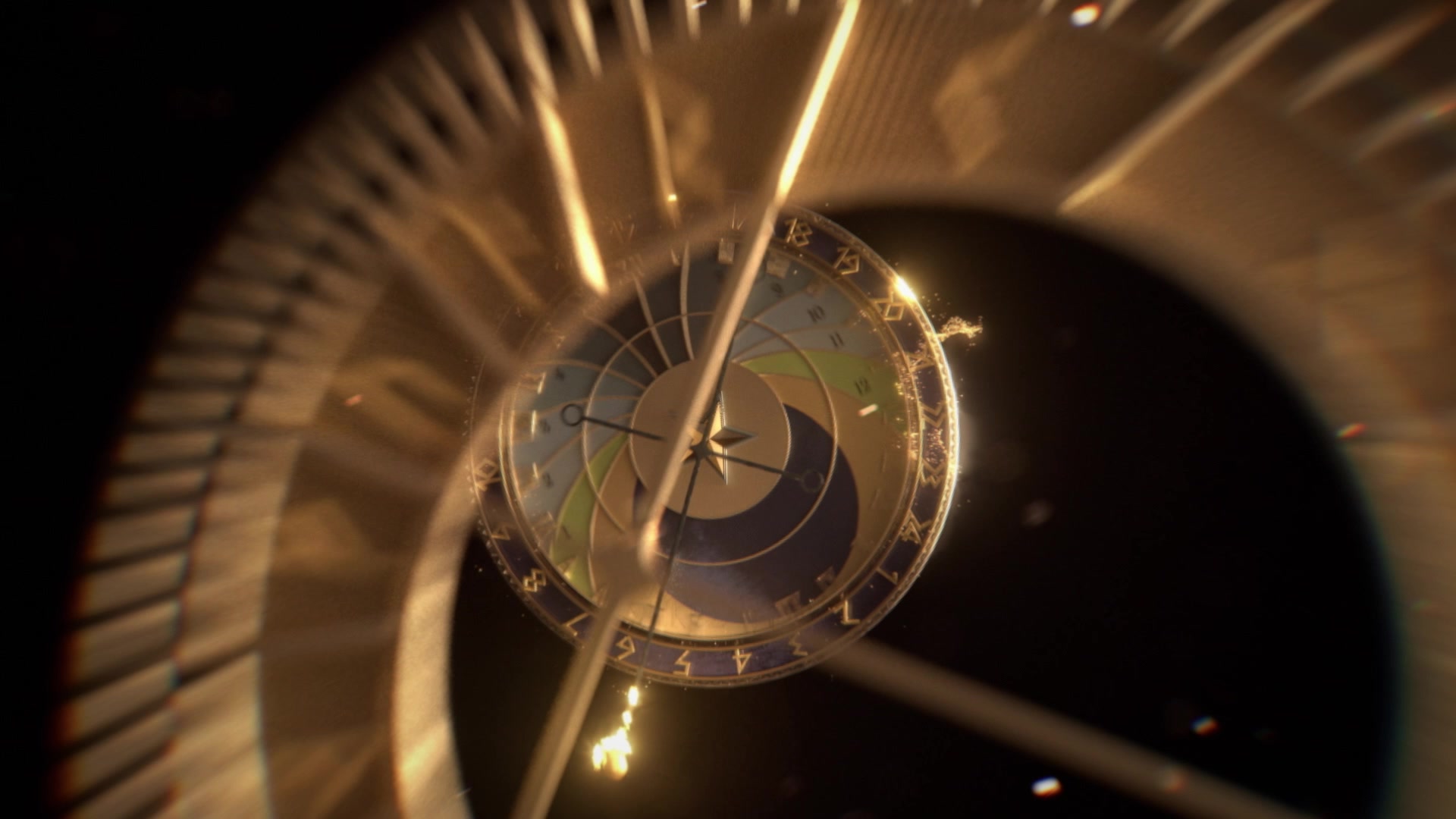 The clock revealed in the teaser, flying in on trails of light and particles
