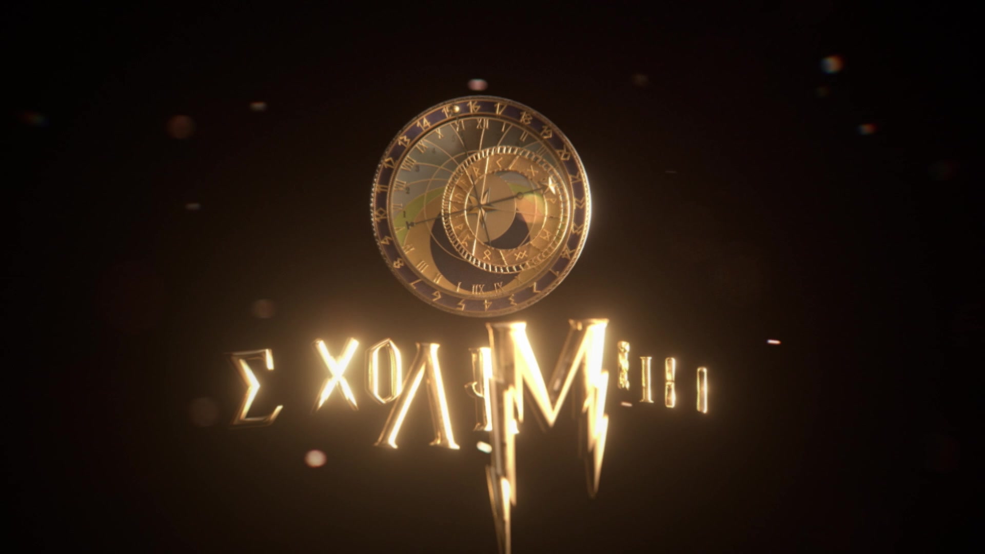 The clock and title igniting with sparks and embers